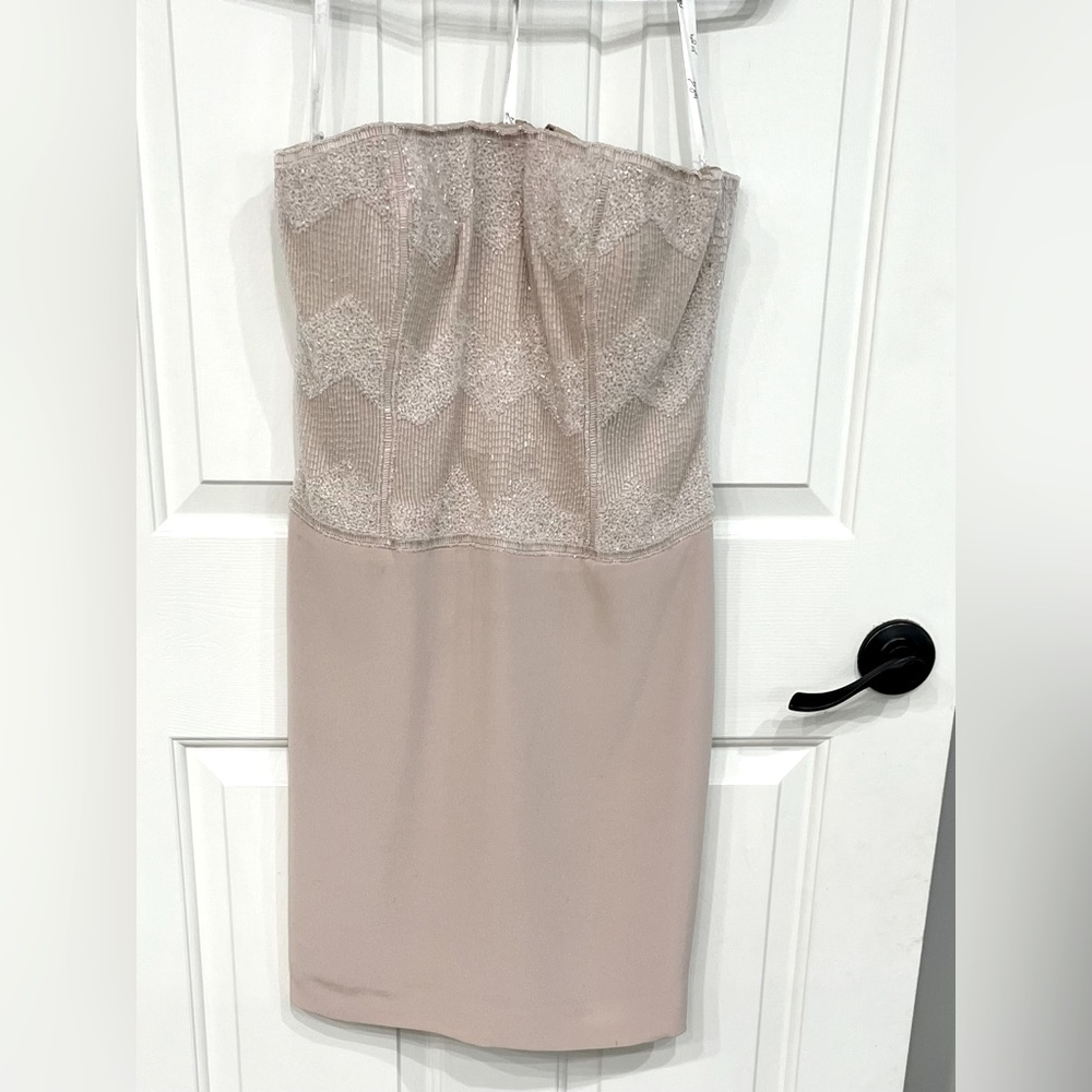 Beautiful strapless beaded tan dress! Size 10.
